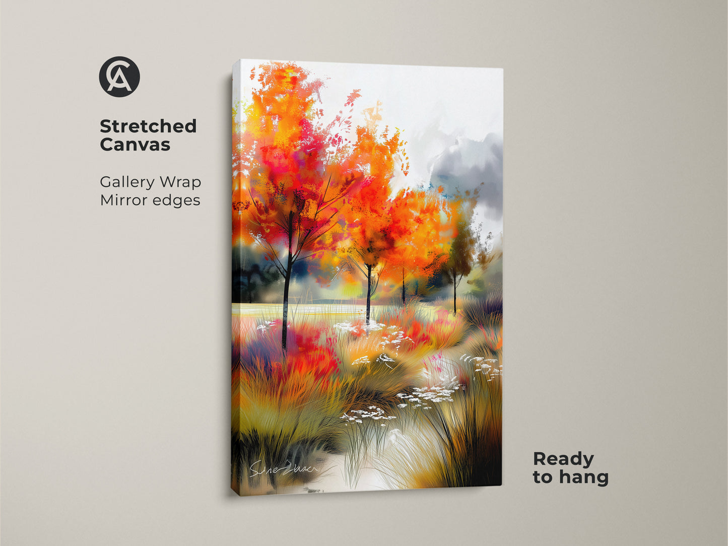 Stretched canvas artwork showcasing a colorful autumn scene. The gallery-wrapped canvas has mirrored edges. Ready to hang this artwork features bright orange trees and a tranquil stream. Ideal for nature lovers.
