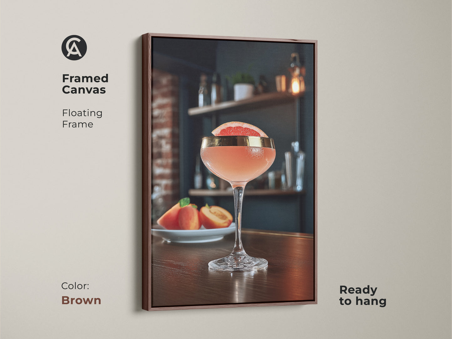 Brown framed canvas art print of a refreshing pink cocktail. This floating frame enhances the peach cocktail canvas art making it ready to hang. Ideal as Scandinavian bar decor or home bar artwork. It's a thoughtful housewarming gift.