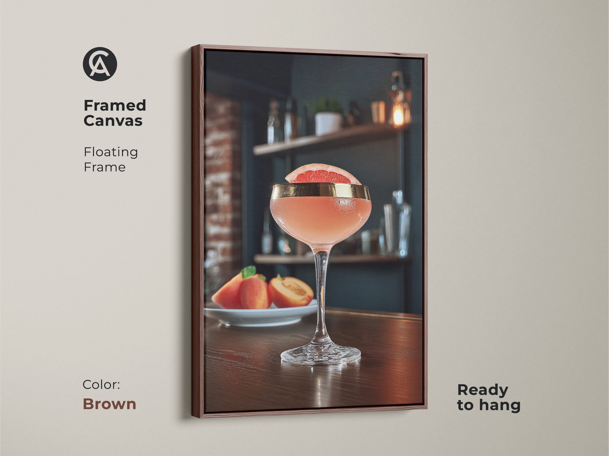 Brown framed canvas art print of a refreshing pink cocktail. This floating frame enhances the peach cocktail canvas art making it ready to hang. Ideal as Scandinavian bar decor or home bar artwork. It's a thoughtful housewarming gift.