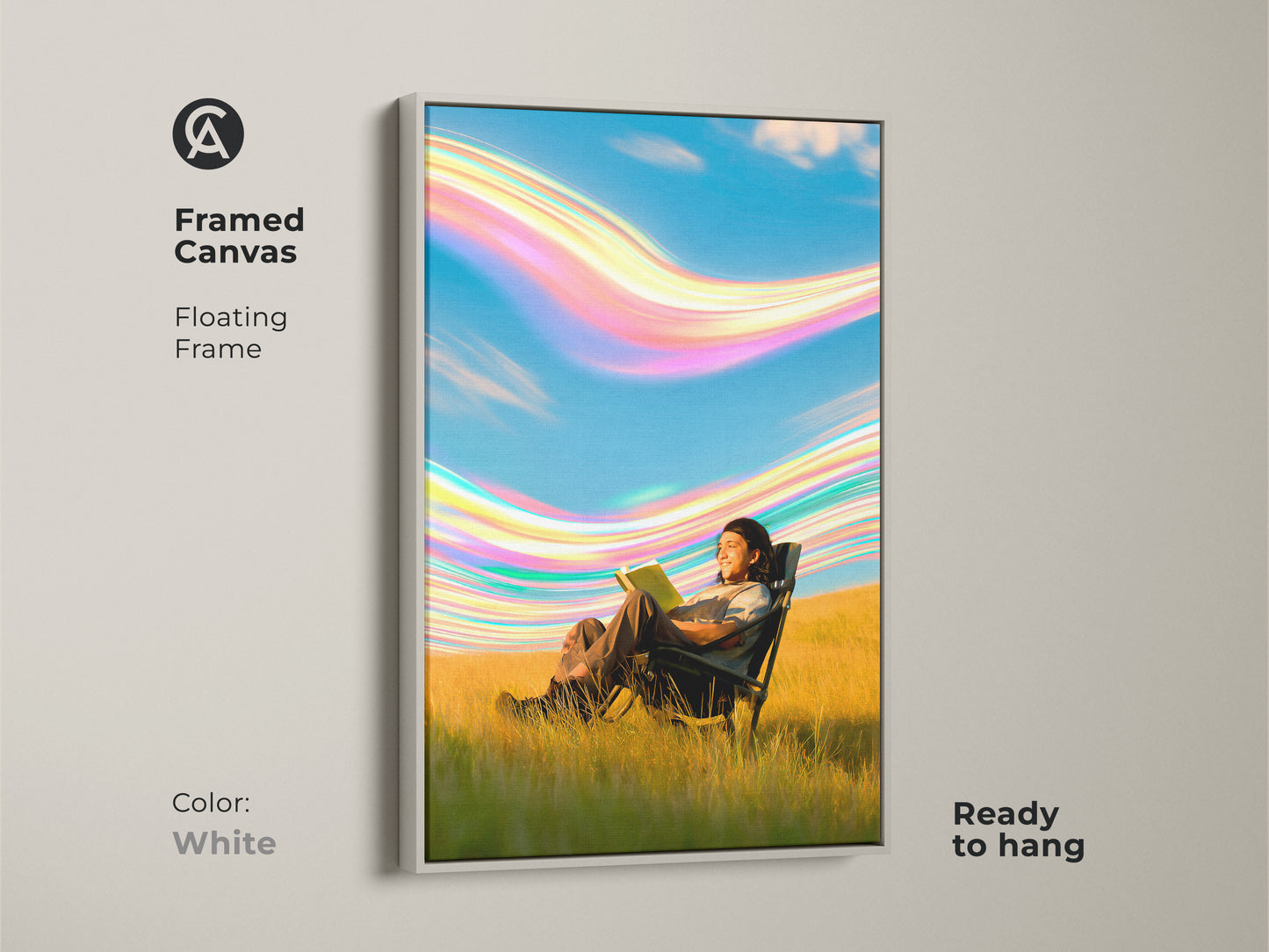 Framed canvas art showcasing a surreal person reading in nature. This conceptual artwork features a floating frame in a white color. The blue green and yellow colors create a calming scene. This piece is perfect for adding a unique touch to a bedroom or home office. It is ready to hang.