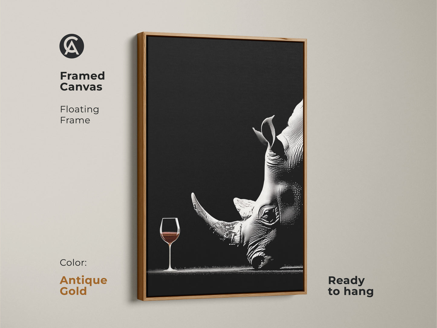 This framed canvas features surreal rhino art in an antique gold frame. The monochrome wildlife artwork showcases a rhino with a wine glass. Ready to hang this contemporary piece adds charm to any room. Perfect as a unique animal artwork gift for wine lovers or an executive gift.