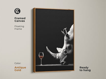 This framed canvas features surreal rhino art in an antique gold frame. The monochrome wildlife artwork showcases a rhino with a wine glass. Ready to hang this contemporary piece adds charm to any room. Perfect as a unique animal artwork gift for wine lovers or an executive gift.