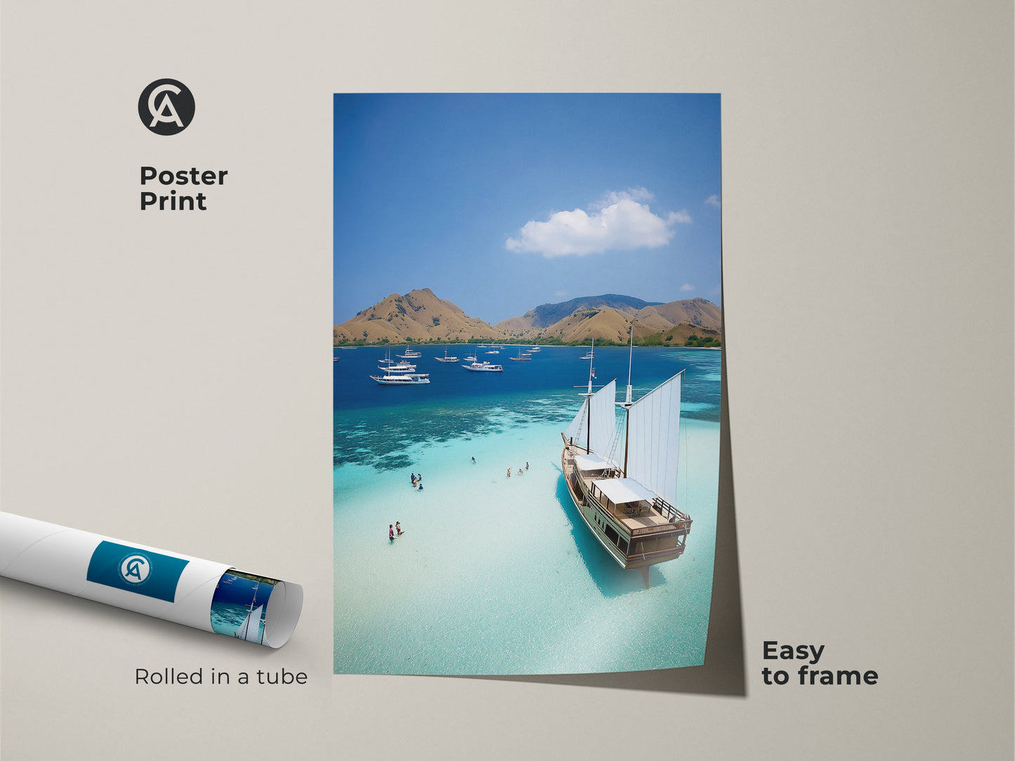 A poster print of an aerial ocean view is rolled for protection. It’s easy to frame this coastal landscape wall art. It brings a beach house feel to your home. The blue tropical island artwork features sailboats on turquoise waters. An ideal travel destination art piece.