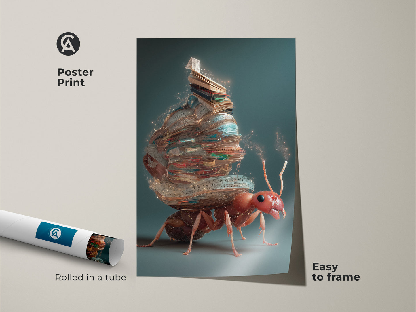 This poster print showcases the surreal ant canvas. The art depicts an ant carrying books. This fantasy ant wall art features an eclectic aesthetic. This print is easy to frame and perfect as a graduation gift for readers.