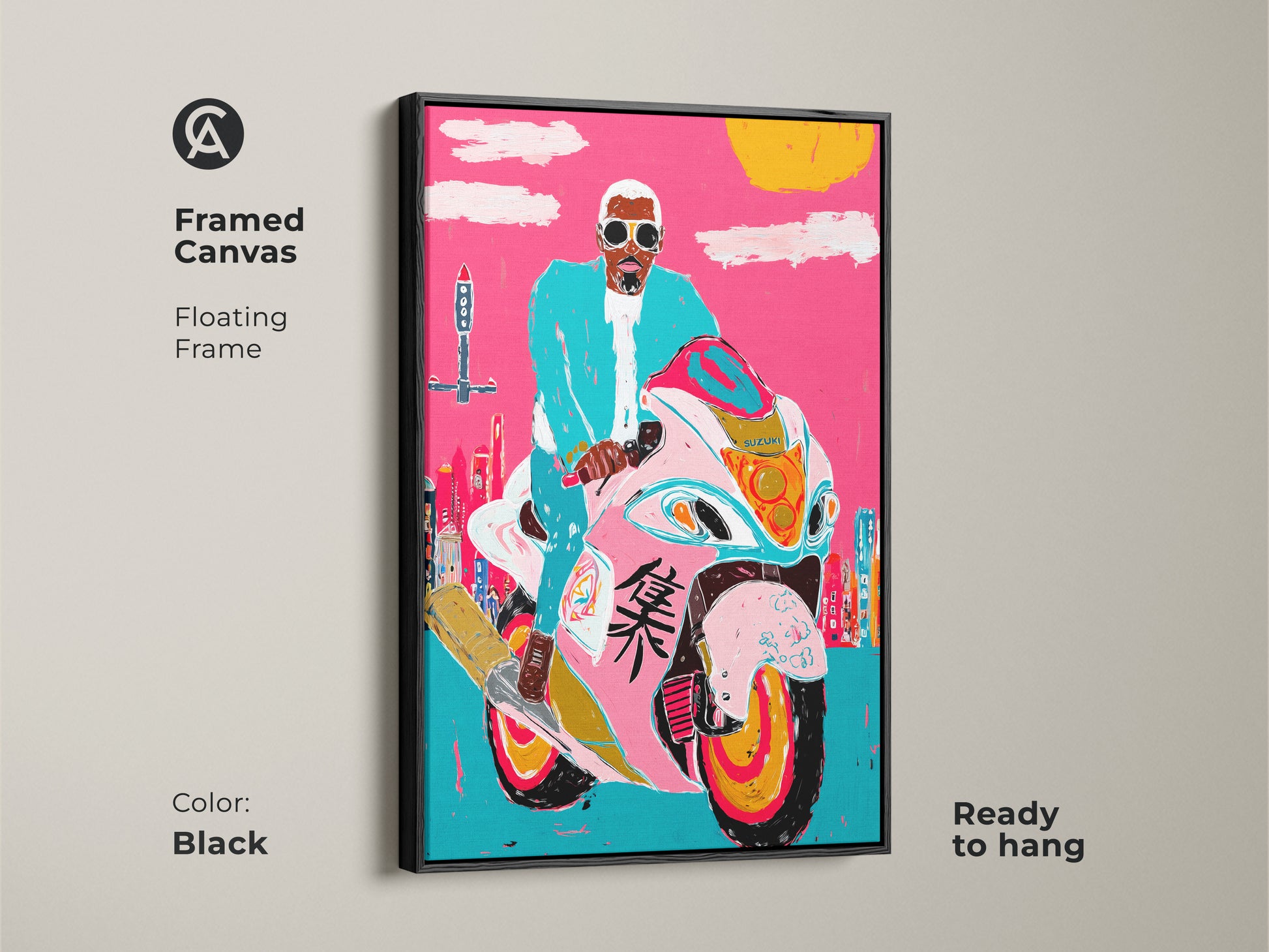 Black framed canvas featuring a graffiti style motorcycle rider in a vibrant cityscape. The hot pink turquoise art print is ready to hang. Perfect eclectic motorcycle decor for a contemporary city art vibe. Unique birthday present.