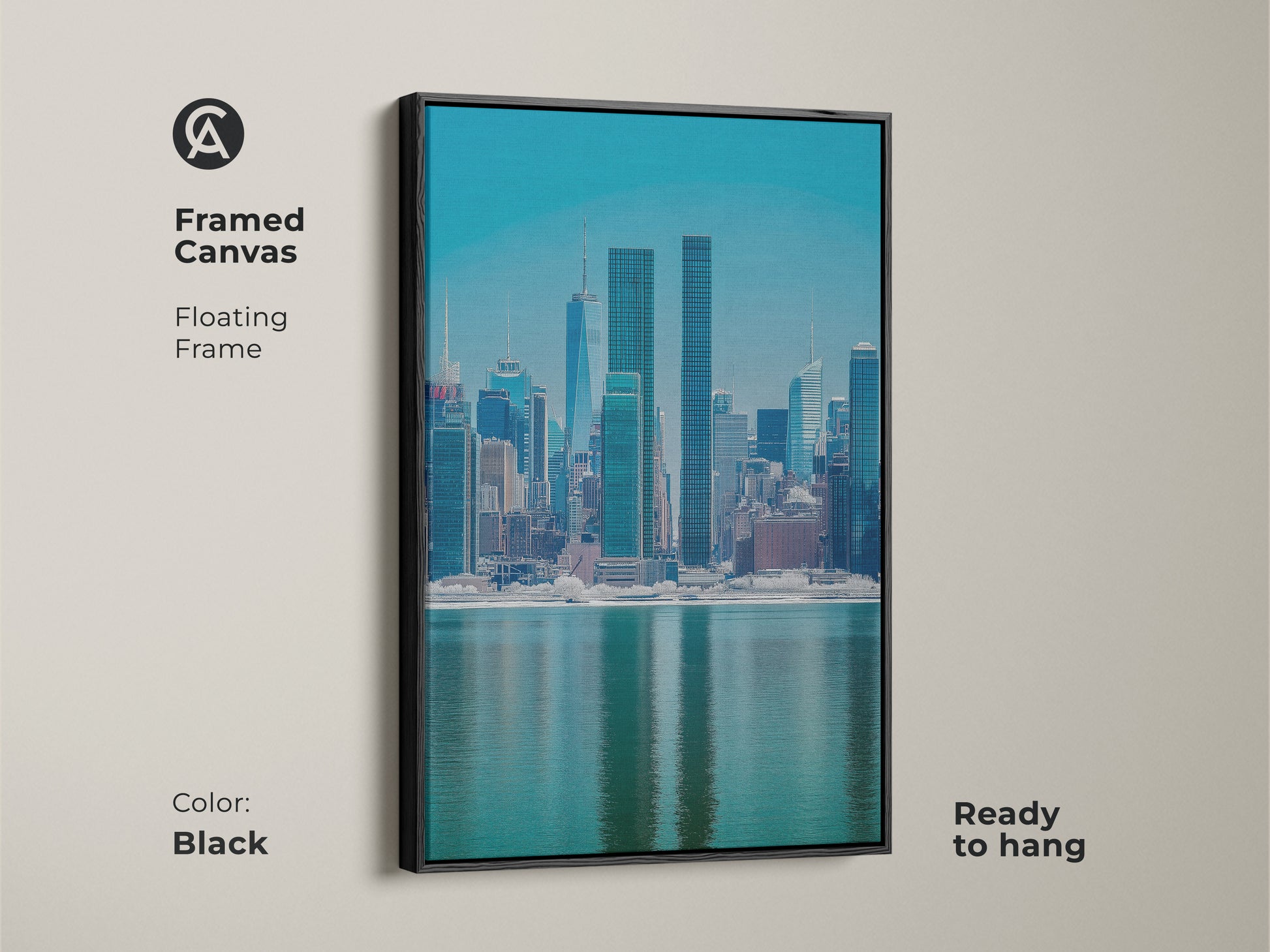Framed canvas featuring a contemporary New York Cityscape. The black floating frame enhances the blue teal skyline art. Ready to hang this office wall art decor brings an urban waterfront view to your space. A stylish architectural art print.
