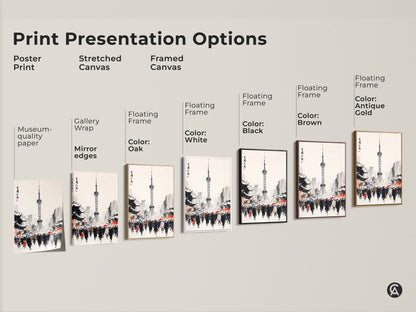 Print presentation options for Shanghai Tower artwork. This includes poster prints stretched canvas and framed canvas. Frame colors include black brown white and antique gold. Find the perfect print for your space.