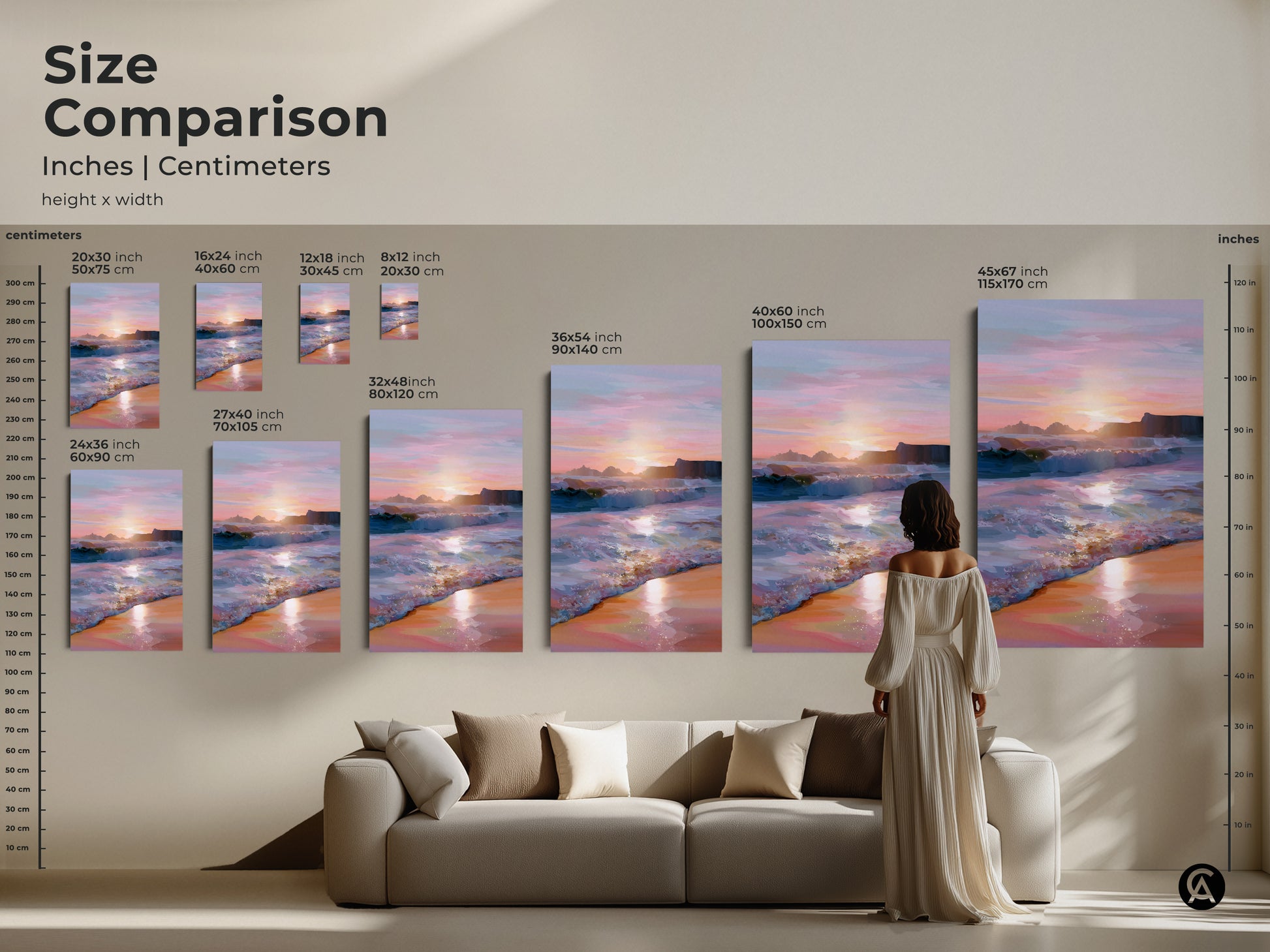Compare sizes of ocean sunset artwork in inches and centimeters. This coastal landscape print is shown in various dimensions to fit your space. Perfect for adding teal pink orange painting to your residential wall art. Create a coastal home style.