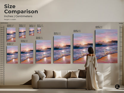 Compare sizes of ocean sunset artwork in inches and centimeters. This coastal landscape print is shown in various dimensions to fit your space. Perfect for adding teal pink orange painting to your residential wall art. Create a coastal home style.
