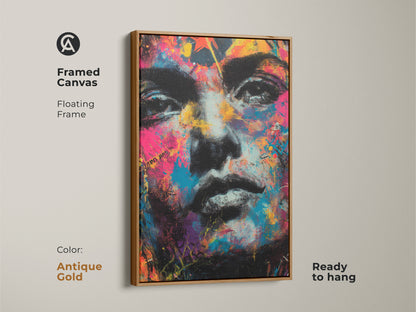 Framed canvas art in an antique gold floating frame. The colorful portrait is ready to hang. This artwork adds a touch of elegance to any room. The antique gold frame enhances the colors. Perfect for art collectors.
