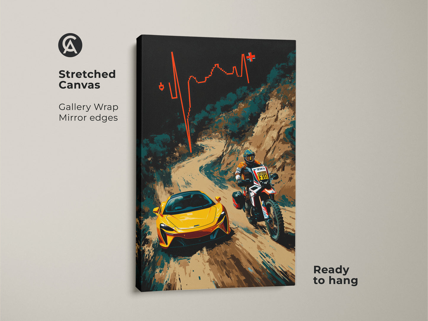 This stretched canvas features a captivating abstract motorcycle art scene. See a yellow sports car and dirt bike rider racing across a rugged landscape. The gallery wrap with mirror edges ensures a sleek modern aesthetic. It is ready to hang turning any room into a stylish contemporary space. This vibrant piece is perfect for motorsport enthusiasts