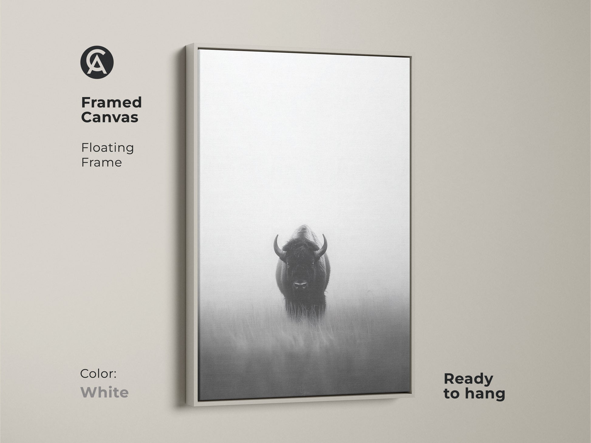 The framed canvas displays a minimalist bison artwork with a white floating frame. This monochrome animal decor is ready to hang adding a modern aesthetic to any room. It's a perfect gift for outdoor enthusiasts looking for unique wall art.