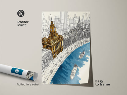 Poster print of a cityscape line art. The contemporary sketch features golden yellow and deep blue architecture. This travel inspired wall art is easy to frame and adds urban charm.