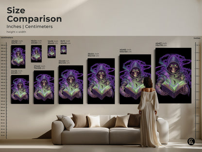 Size comparison of neon purple Grim Reaper art. See inches and centimeters. Gothic skeleton reading spellbook in multiple dimensions. From 8x12 to 45x67 inches. Visualize dark fantasy wall art above a sofa for gamer office decor