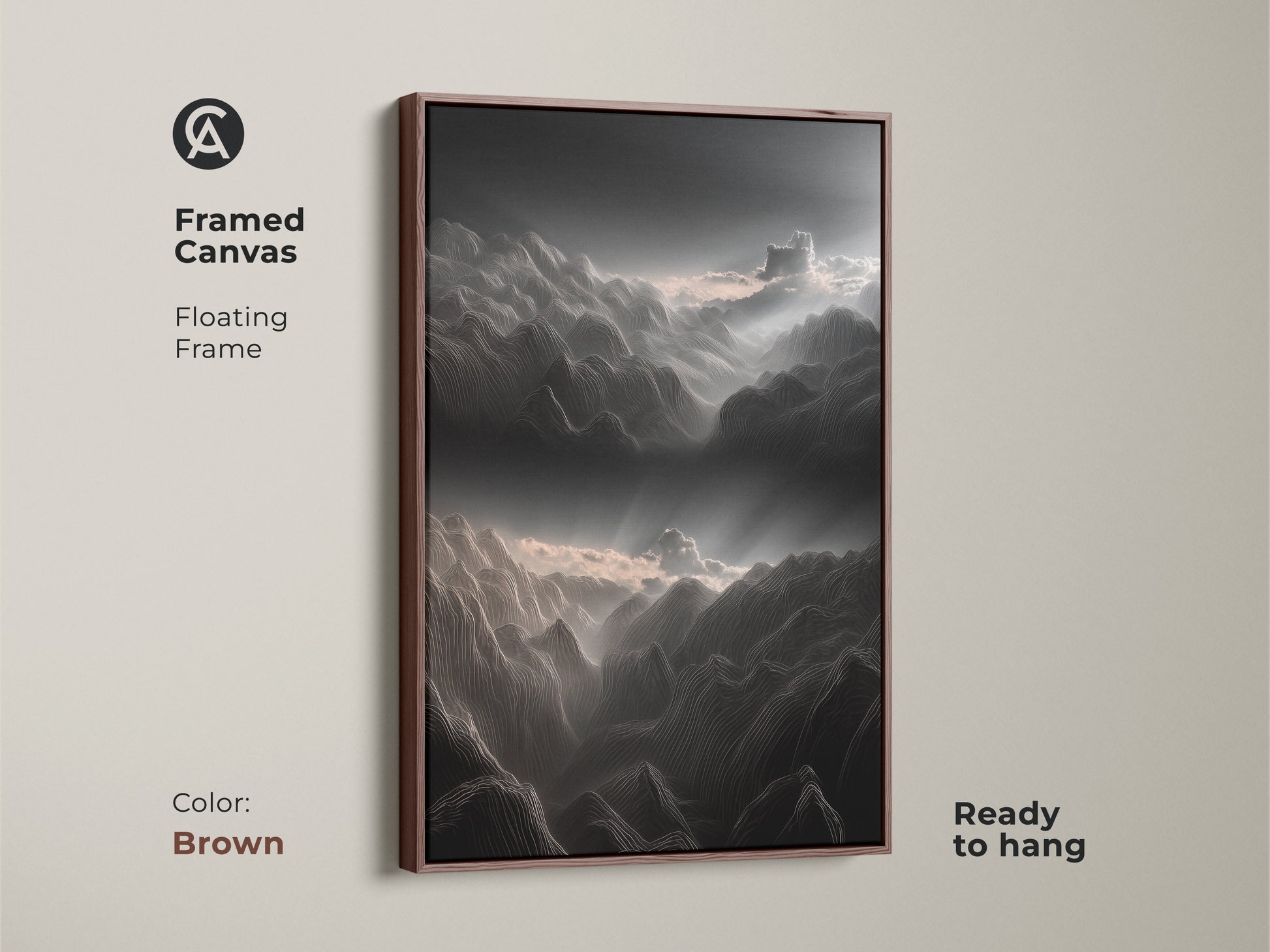 Framed canvas featuring an abstract mountain line art print. The brown floating frame accentuates the charcoal and pink clouds landscape. This contemporary artwork is ready to hang. It's a great gift for outdoor lovers and home decor enthusiasts.