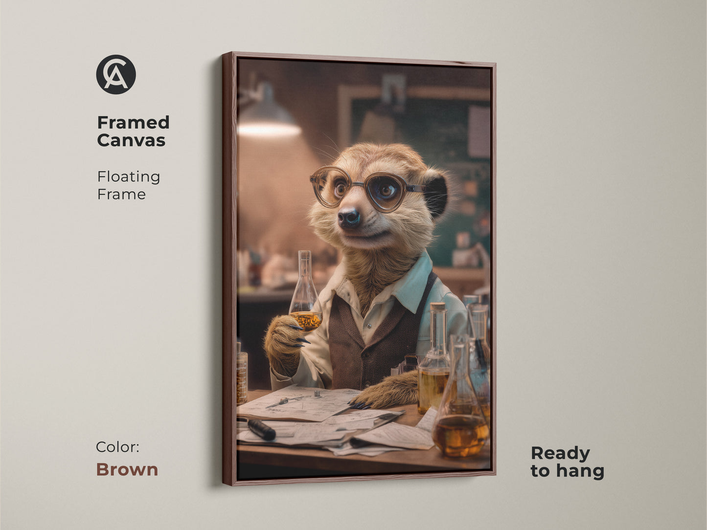 A brown framed canvas of the lab meerkat. This floating frame enhances the scientist animal artwork. It is ready to hang in your space. The amber brown and beige tones bring warmth. This is a perfect piece for any science enthusiast.