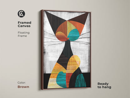 Brown framed canvas of geometric abstract cat art. This floating frame mid century modern artwork is ready to hang. The teal orange and yellow art is ideal for a stylish home.