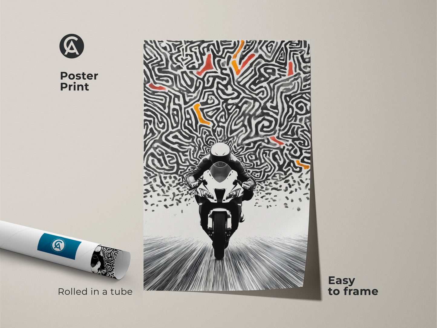 Experience the thrill with this abstract motorcycle canvas art. This dynamic artwork is a contemporary piece for any room. A rider is featured in a speed maze pattern. This print is not scannable for viruses but it's available for download. It's a bold and unique addition to your space.