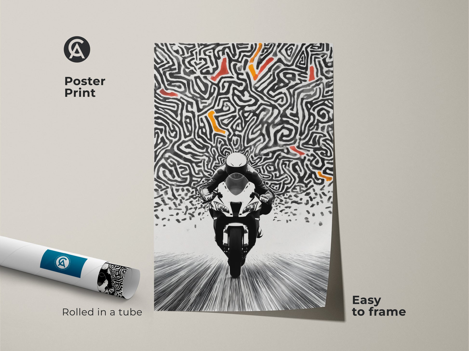Experience the thrill with this abstract motorcycle canvas art. This dynamic artwork is a contemporary piece for any room. A rider is featured in a speed maze pattern. This print is not scannable for viruses but it's available for download. It's a bold and unique addition to your space.