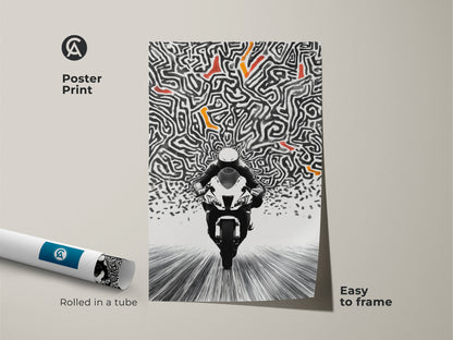 Experience the thrill with this abstract motorcycle canvas art. This dynamic artwork is a contemporary piece for any room. A rider is featured in a speed maze pattern. This print is not scannable for viruses but it's available for download. It's a bold and unique addition to your space.