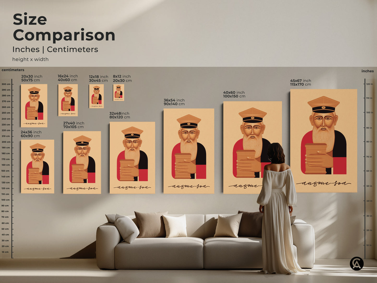 Size comparison featuring the retro Reading Man artwork in inches and centimeters. See how this tan brown and red wall hanging looks in different sizes. Perfect for an office bookshelf or classic study room add this vintage man reading book canvas to your decor.