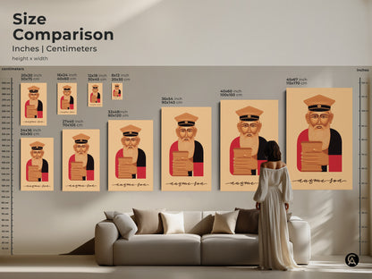 Size comparison featuring the retro Reading Man artwork in inches and centimeters. See how this tan brown and red wall hanging looks in different sizes. Perfect for an office bookshelf or classic study room add this vintage man reading book canvas to your decor.