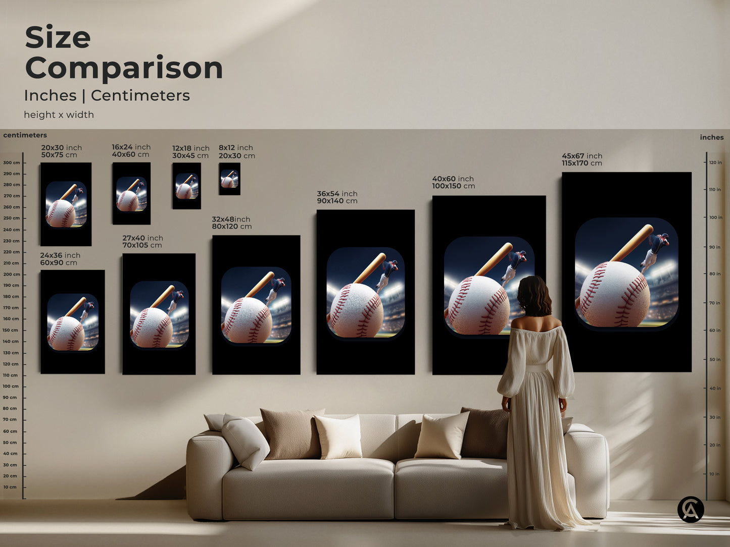 Size comparison of baseball player artwork in inches and centimeters. Various sizes are displayed from small to large. See how the artwork looks in different dimensions. Artwork sizes range from 20x30 cm to 45x67 inches. Perfect art to hang over a sofa.