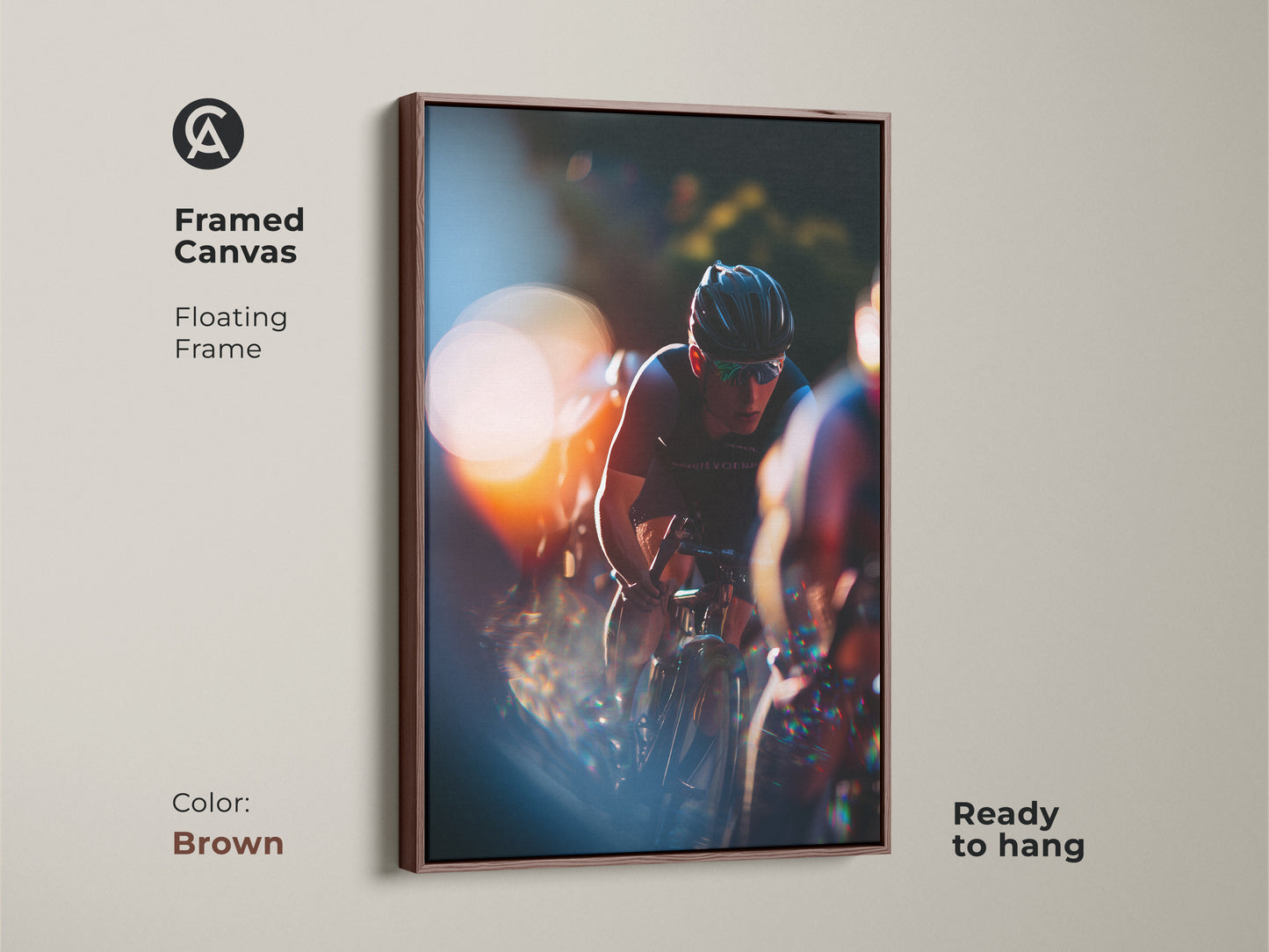 Framed canvas with cycling race art. Brown floating frame enhances the artwork. Ready to hang and admire. Dynamic action photography with orange and blue tones. Ideal for sports enthusiasts. Contemporary cyclist wall decor.