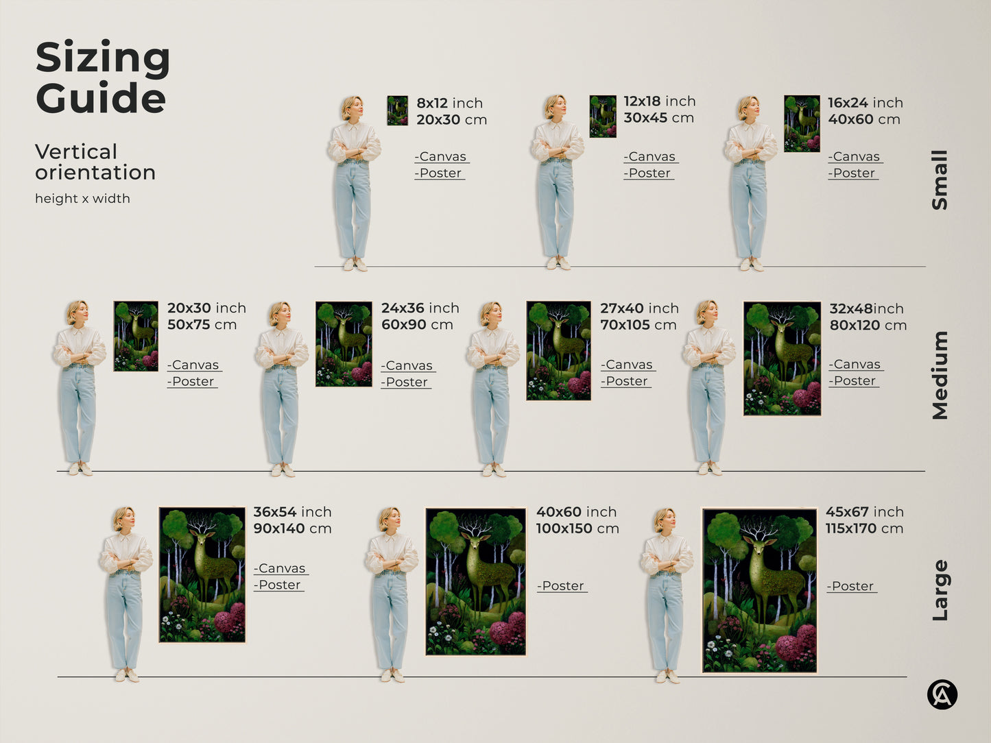 Sizing guide for the green deer forest art print in vertical orientation. Available as canvas or poster in small medium and large sizes. Find the perfect fit for your boho woodland animals canvas.