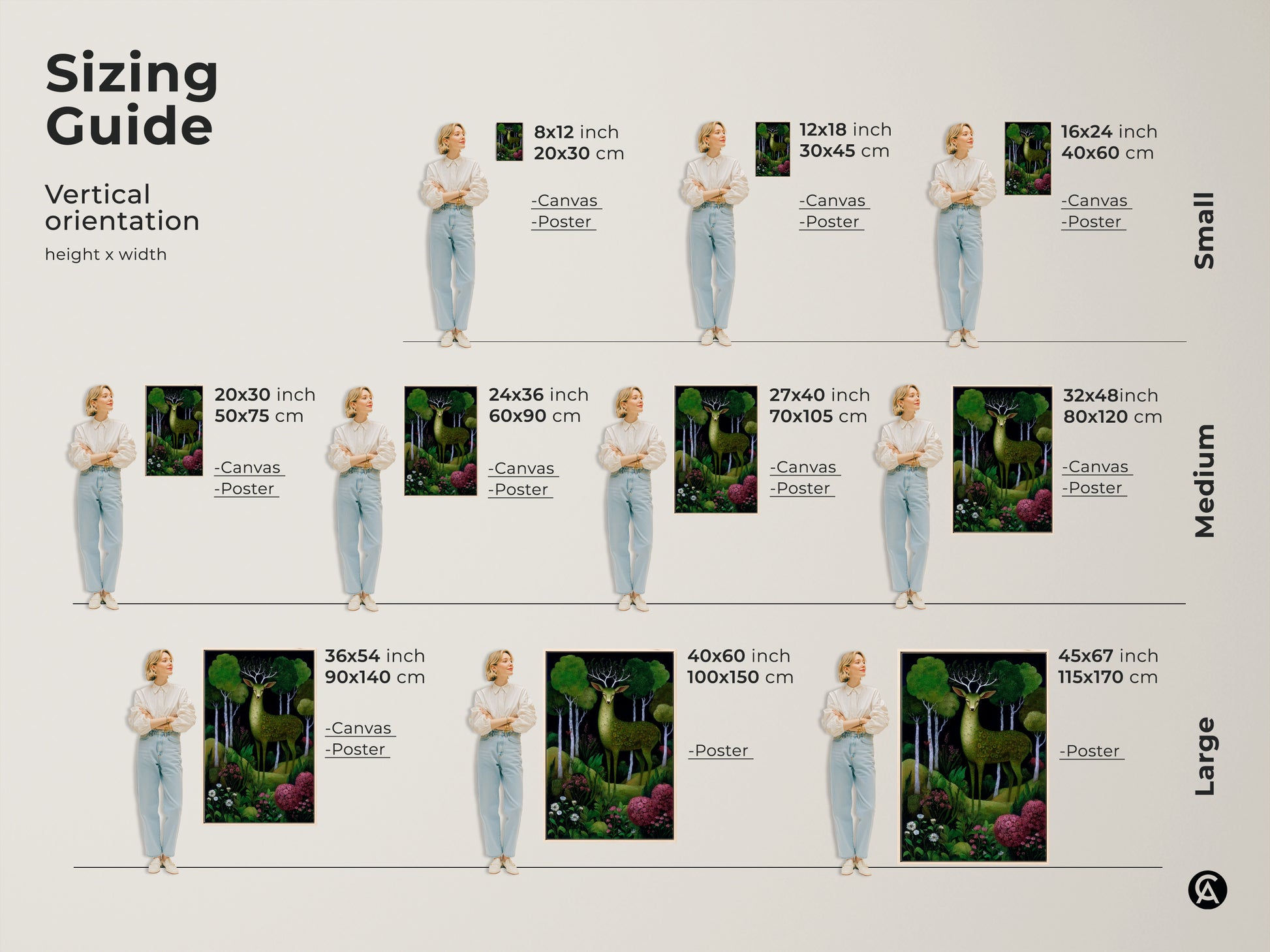 Sizing guide for the green deer forest art print in vertical orientation. Available as canvas or poster in small medium and large sizes. Find the perfect fit for your boho woodland animals canvas.