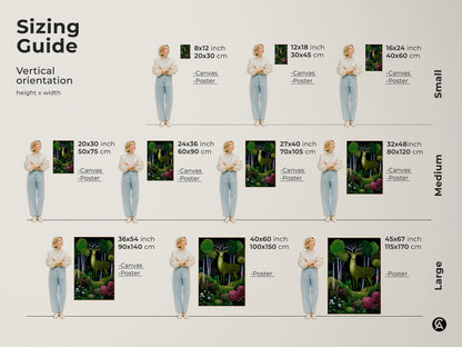 Sizing guide for the green deer forest art print in vertical orientation. Available as canvas or poster in small medium and large sizes. Find the perfect fit for your boho woodland animals canvas.