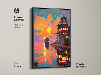 Framed canvas featuring a vibrant sunset art print of a Japanese pagoda and train. Floating frame in black adds a modern touch. Ready to hang for easy display. The orange yellow and teal hues bring eclectic decor. A unique travel gift idea.