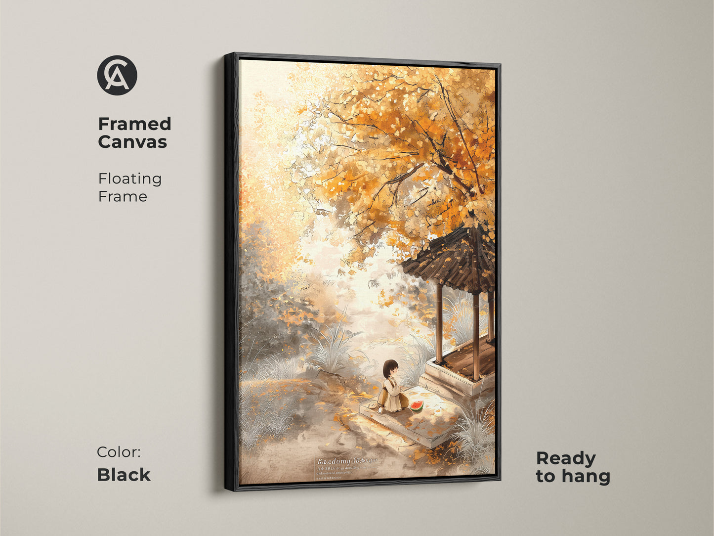 Framed canvas in black presents a peaceful autumn scene. A girl enjoys watermelon by a traditional pagoda in this artwork. The floating frame adds elegance and is ready to hang in any space.