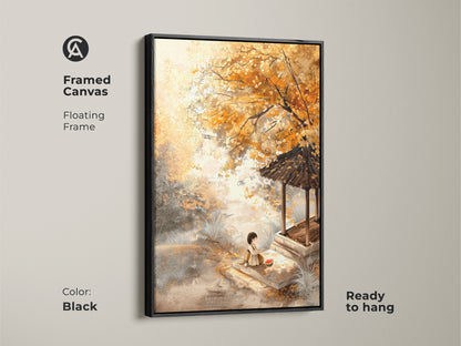 Framed canvas in black presents a peaceful autumn scene. A girl enjoys watermelon by a traditional pagoda in this artwork. The floating frame adds elegance and is ready to hang in any space.