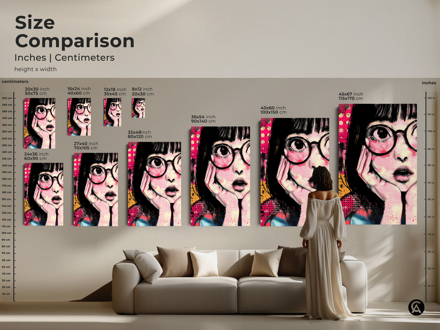 Size comparison featuring anime girl art in a living room. See how the retro pop art canvas looks in different sizes. The hot pink and yellow artwork is great for eclectic decor. It's a unique birthday gift idea. Find the perfect fit for your space today and transform your living room.