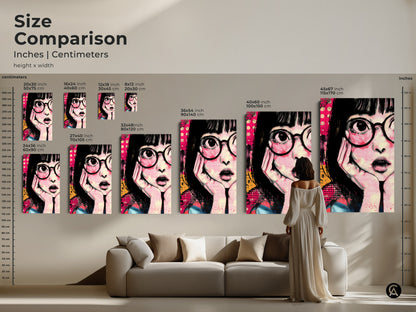 Size comparison featuring anime girl art in a living room. See how the retro pop art canvas looks in different sizes. The hot pink and yellow artwork is great for eclectic decor. It's a unique birthday gift idea. Find the perfect fit for your space today and transform your living room.