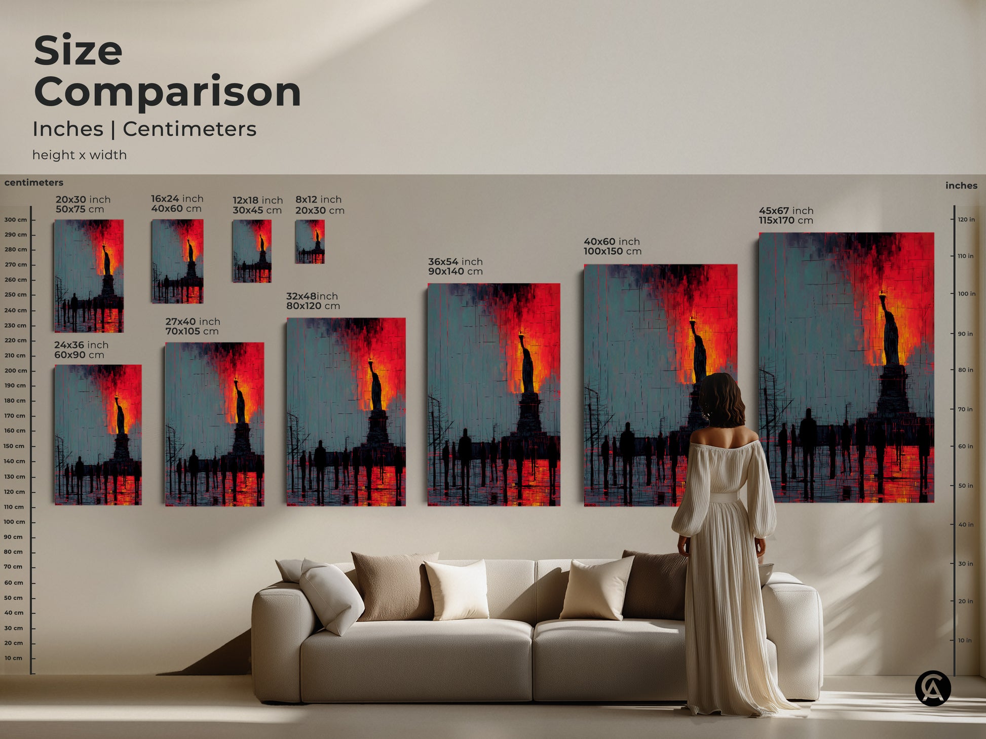 Size comparison featuring the Statue of Liberty artwork. See the various size options in inches and centimeters. This canvas or poster will fit perfectly above a sofa or in any room.