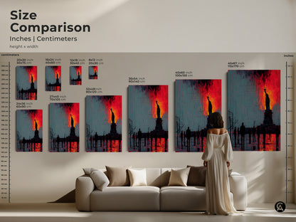 Size comparison featuring the Statue of Liberty artwork. See the various size options in inches and centimeters. This canvas or poster will fit perfectly above a sofa or in any room.