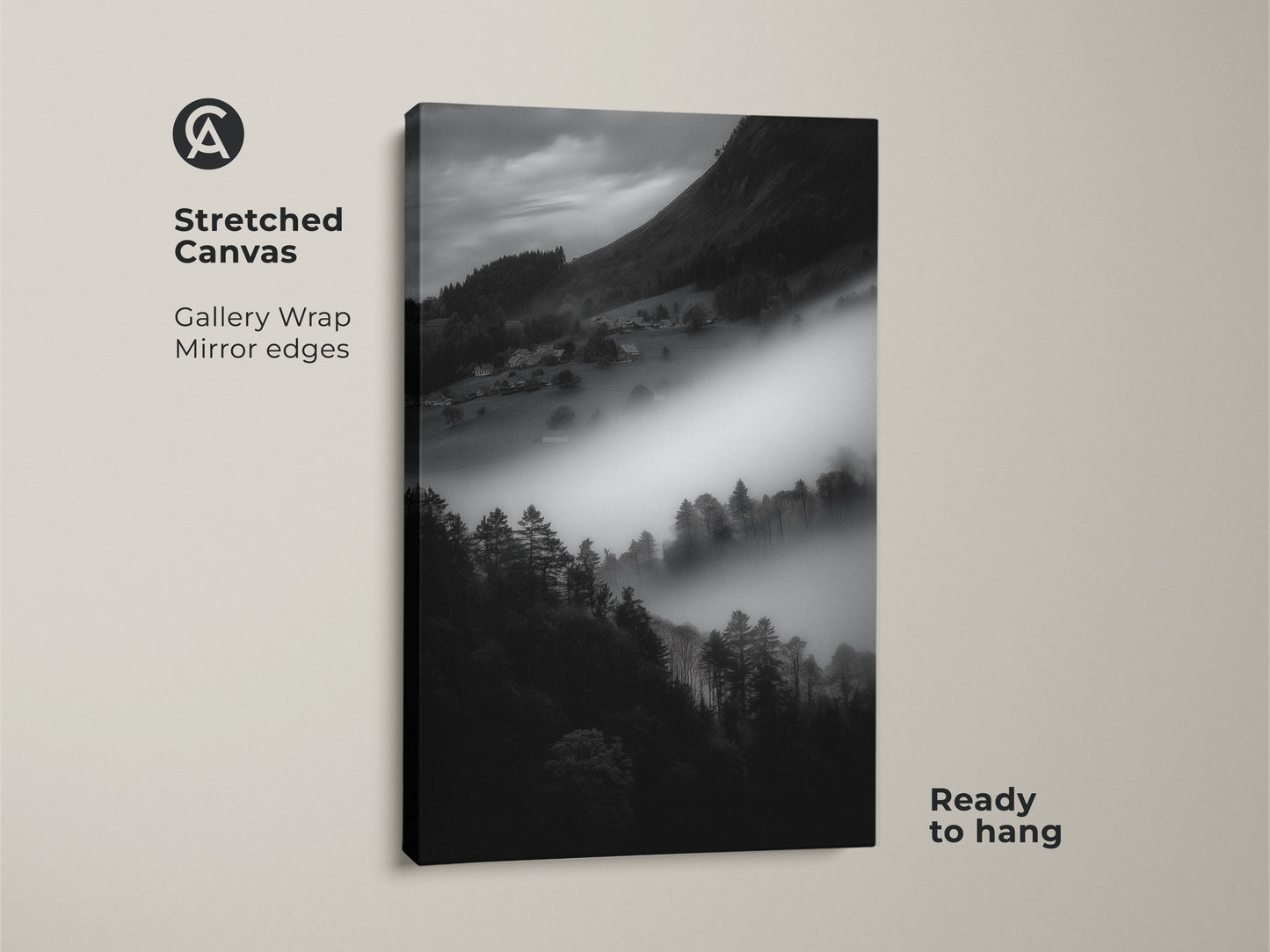 Stretched canvas featuring monochrome mountain art. This black and white landscape shows a foggy village print ready to hang. The nature canvas art provides contemporary wall decor for minimalist home art. A serene nature art piece.