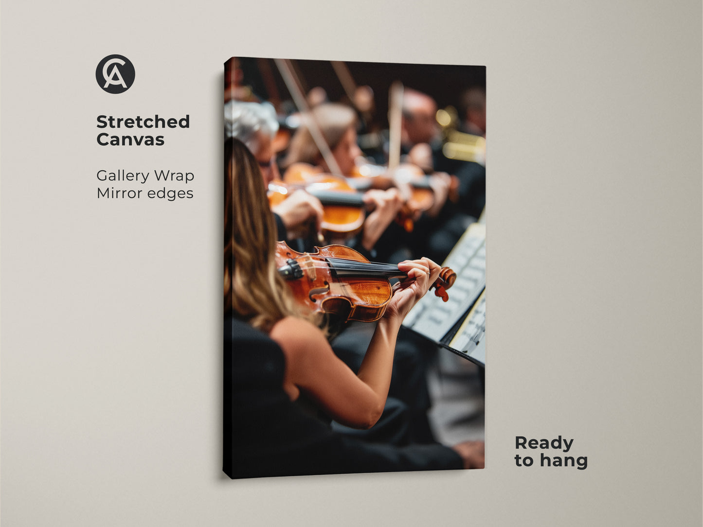 This stretched canvas showcases an orchestra performance. The focus is on a skilled violinist. Gallery wrapped with mirrored edges creates a clean modern look. Ready to hang this artwork adds musical sophistication to any room. It's an ideal gift for musicians and classical music enthusiasts.