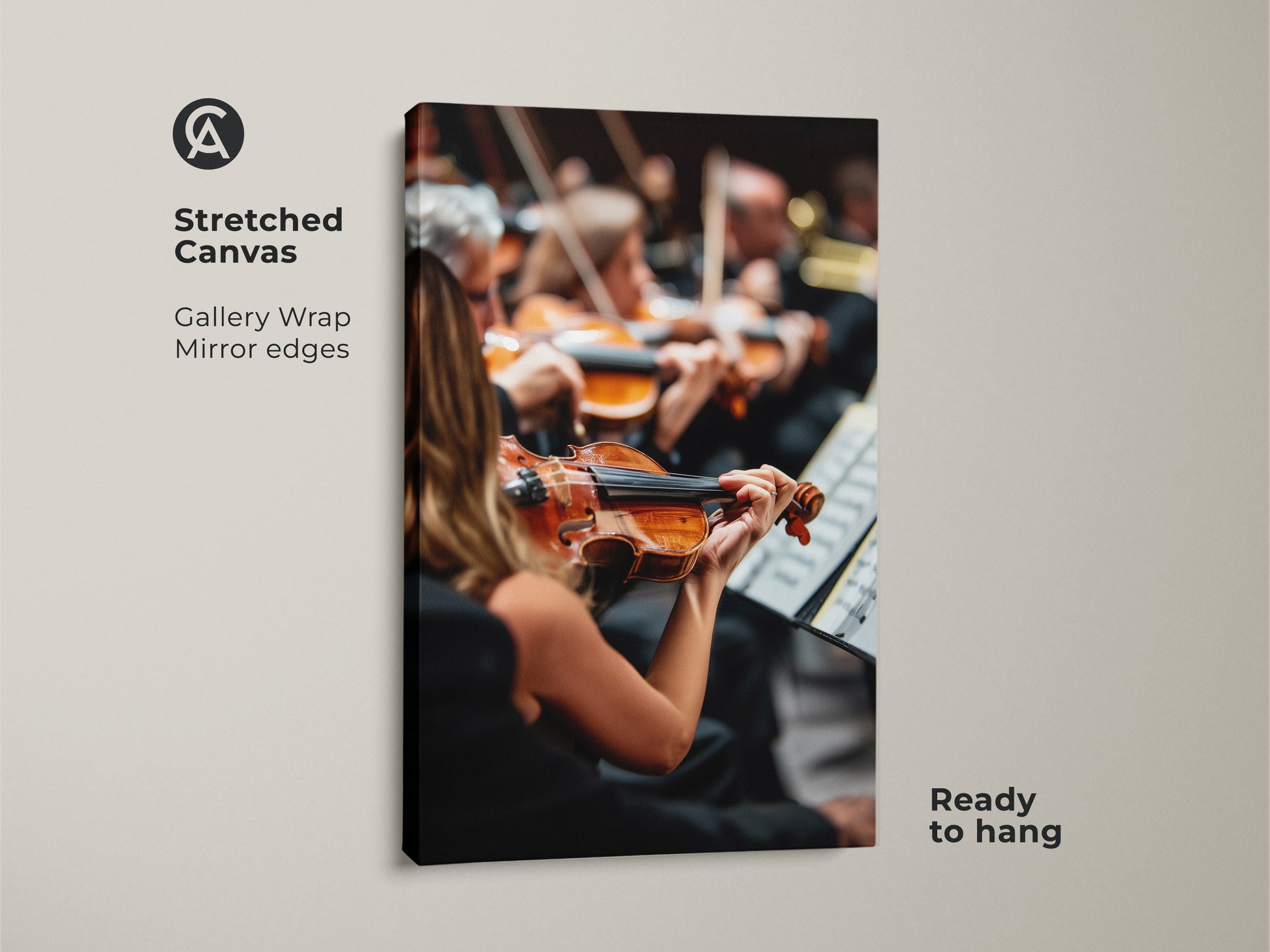 This stretched canvas showcases an orchestra performance. The focus is on a skilled violinist. Gallery wrapped with mirrored edges creates a clean modern look. Ready to hang this artwork adds musical sophistication to any room. It's an ideal gift for musicians and classical music enthusiasts.