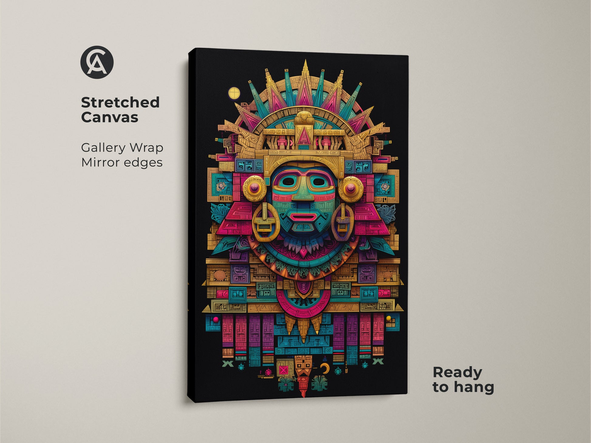Stretched canvas print of a Mayan mask. The artwork showcases vibrant colors and detailed Mayan-inspired art. The gallery wrap gives it a modern look. Ready to hang and adds cultural flair to your home.