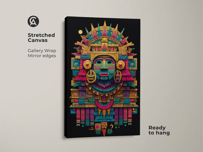 Stretched canvas print of a Mayan mask. The artwork showcases vibrant colors and detailed Mayan-inspired art. The gallery wrap gives it a modern look. Ready to hang and adds cultural flair to your home.