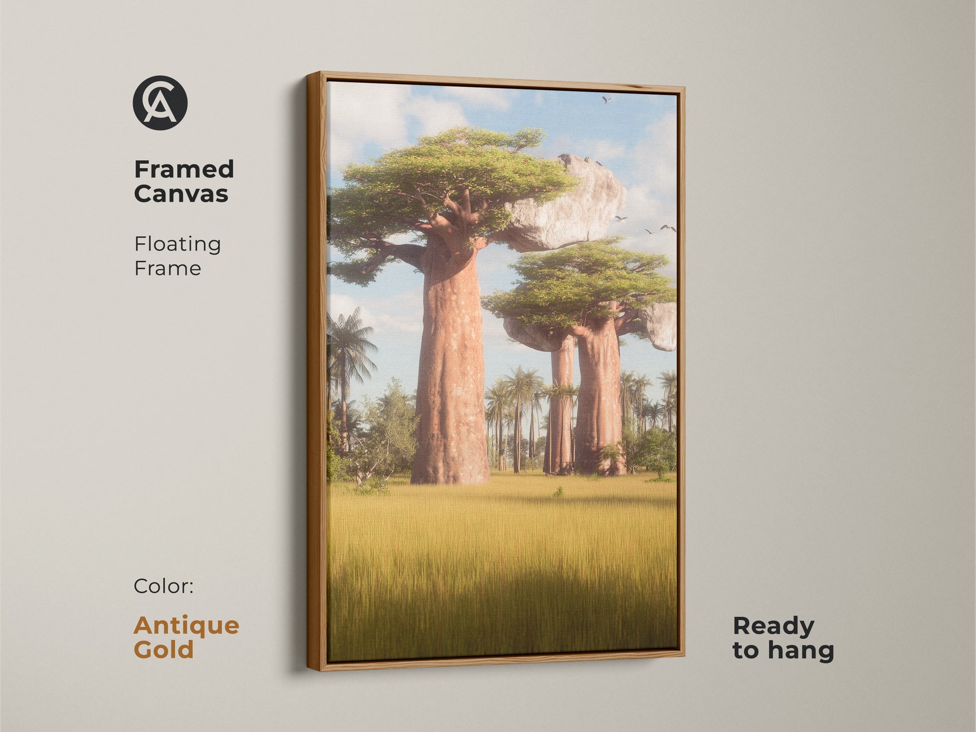 Framed Canvas featuring a floating frame. This African Baobab tree artwork has an antique gold frame. It is ready to hang. This realistic landscape canvas is perfect for outdoor nature artwork. It has a large format landscape print.