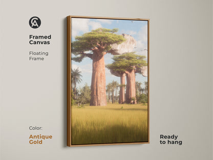 Framed Canvas featuring a floating frame. This African Baobab tree artwork has an antique gold frame. It is ready to hang. This realistic landscape canvas is perfect for outdoor nature artwork. It has a large format landscape print.