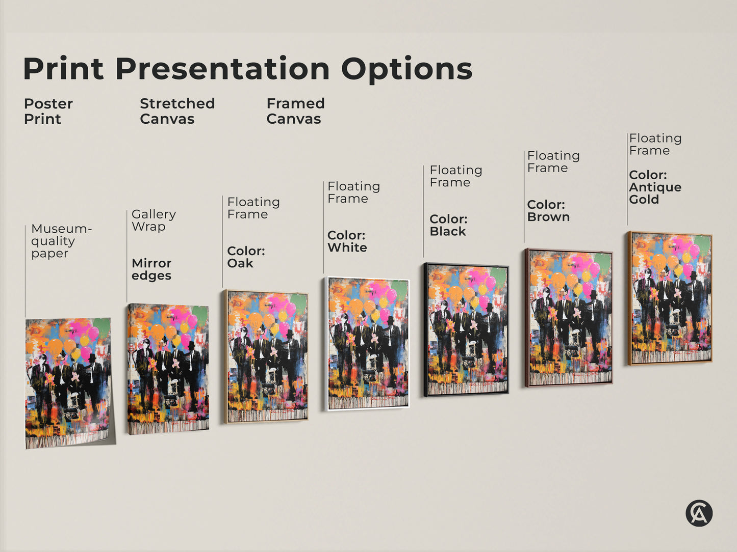 Explore print presentation options for graffiti style men in suits artwork. Choose from poster prints stretched canvas and framed canvas. Each option brings the abstract balloon print to life. Select museum quality paper gallery wrap or floating frame.
