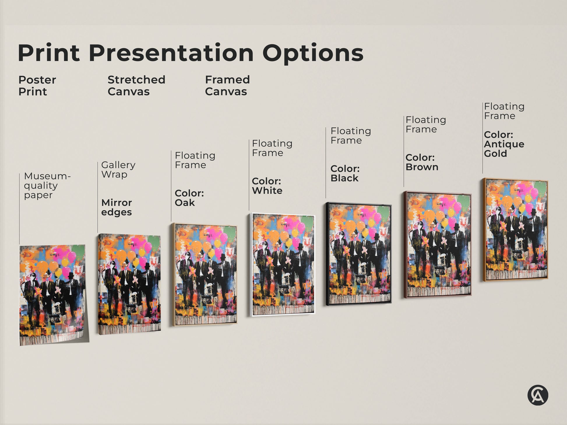 Explore print presentation options for graffiti style men in suits artwork. Choose from poster prints stretched canvas and framed canvas. Each option brings the abstract balloon print to life. Select museum quality paper gallery wrap or floating frame.