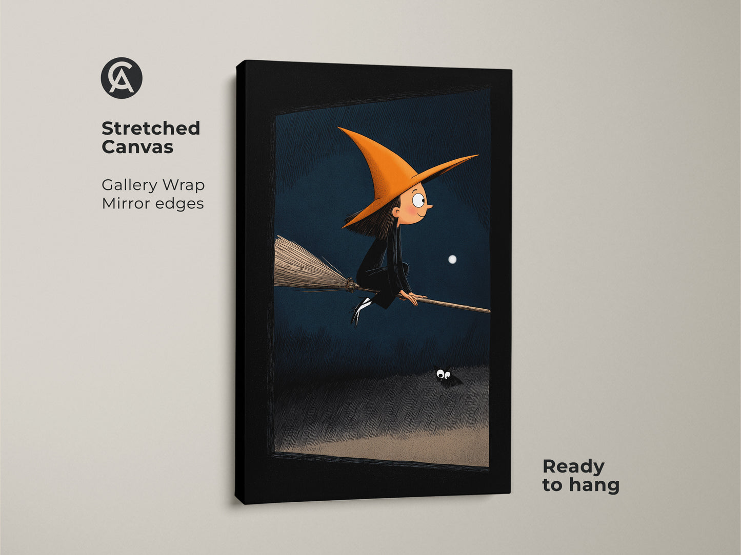 A stretched canvas gallery wrap presents a Halloween flying witch print. Mirror edges enhance the whimsical fantasy artwork of a young witch and spider under a dark moonlit sky. This ready-to-hang piece adds magic to any space. Perfect Halloween party decor and a unique Halloween gift for children's fantasy.