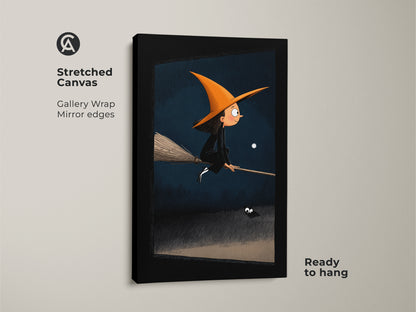 A stretched canvas gallery wrap presents a Halloween flying witch print. Mirror edges enhance the whimsical fantasy artwork of a young witch and spider under a dark moonlit sky. This ready-to-hang piece adds magic to any space. Perfect Halloween party decor and a unique Halloween gift for children's fantasy.
