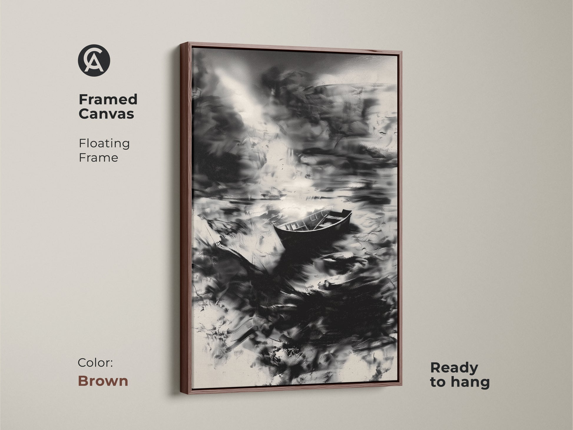 This framed canvas features a black and white abstract boat art piece with a brown frame. The monochrome landscape brings modern decor to any space. Ready to hang this serene water print for instant elegance. It's a perfect piece of abstract nature artwork. Consider this coastal wall art.